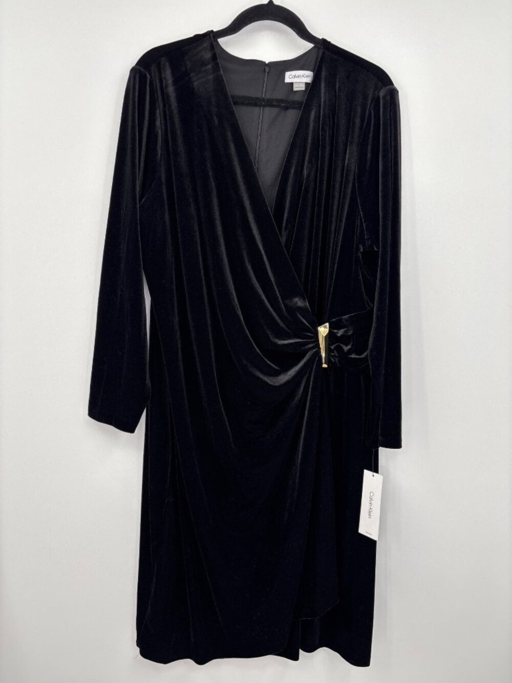 Calvin Klein Velvet Faux Wrap Side Gold Bar Trim Dress Black 20W Plus NEW